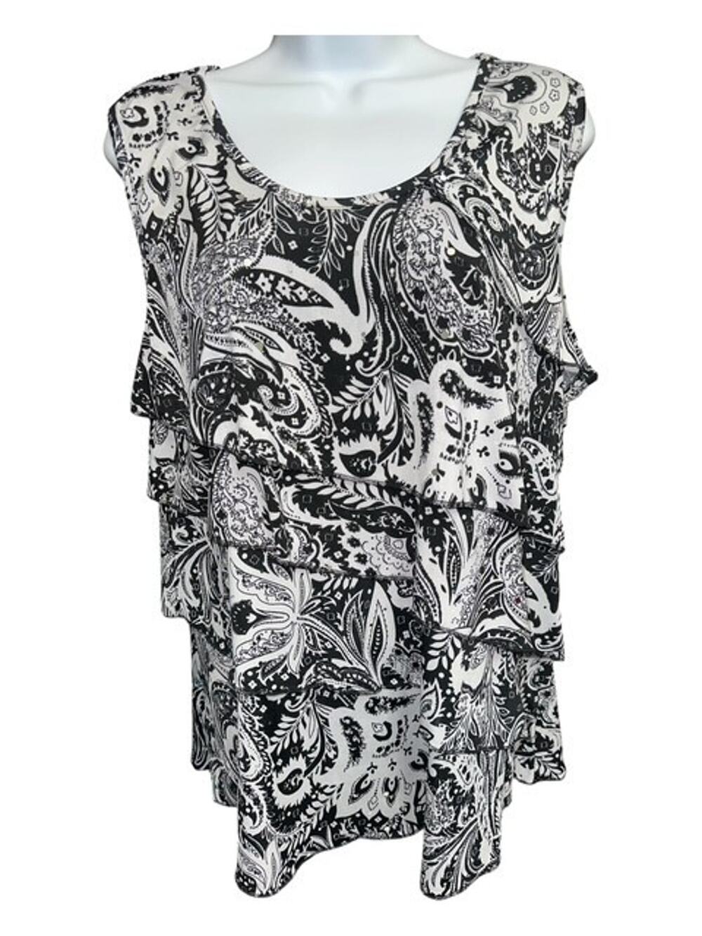 Ashley J 1X Top Black White Paisley Ruffles Layers Sequins Sleeveless Versatile